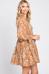 Camel Floral Long Sleeve Mini Dress