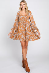 Camel Floral Long Sleeve Mini Dress