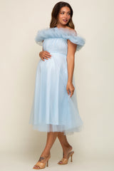 Light Blue Tulle Off Shoulder Maternity Midi Dress