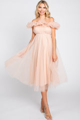 Light Pink Tulle Off Shoulder Midi Dress