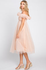 Light Pink Tulle Off Shoulder Midi Dress