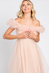 Light Pink Tulle Off Shoulder Midi Dress