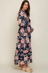 Navy Floral Smocked Ruffle Neck Maternity Maxi Dress