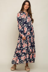 Navy Floral Smocked Ruffle Neck Maternity Maxi Dress