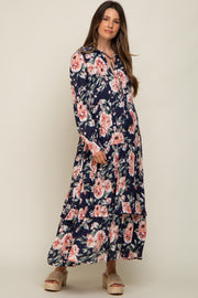 Navy Floral Smocked Ruffle Neck Maternity Maxi Dress