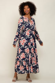 Navy Floral Smocked Ruffle Neck Maxi Dress