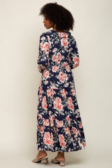 Navy Floral Smocked Ruffle Neck Maxi Dress