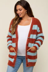 Light Blue Striped Fuzzy Maternity Cardigan