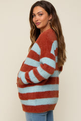 Light Blue Striped Fuzzy Maternity Cardigan