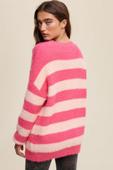 Pink Striped Fuzzy Cardigan