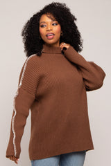 Brown Contrast Stitch Turtleneck Sweater