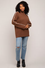 Brown Contrast Stitch Turtleneck Sweater