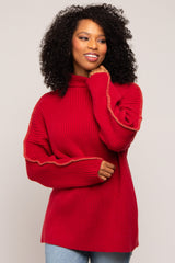 Red Contrast Stitch Turtleneck Sweater