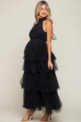 Black Tulle Halter Ruffle Tiered Maternity Midi Dress