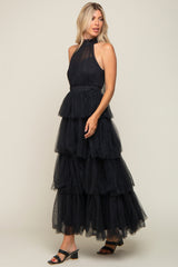 Black Tulle Halter Ruffle Tiered Midi Dress