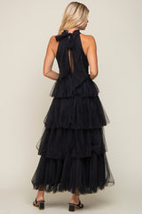 Black Tulle Halter Ruffle Tiered Midi Dress