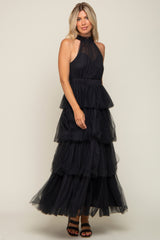 Black Tulle Halter Ruffle Tiered Midi Dress