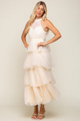 Cream Tulle Halter Ruffle Tiered Midi Dress