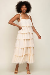 Cream Lace Shoulder Tie Ruffle Tiered Maternity Midi Dress