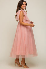 Pink Dotted Tulle Deep V-Neck Shoulder Tie Maternity Midi Dress