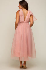 Pink Dotted Tulle Deep V-Neck Shoulder Tie Maternity Midi Dress