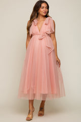 Pink Dotted Tulle Deep V-Neck Shoulder Tie Maternity Midi Dress