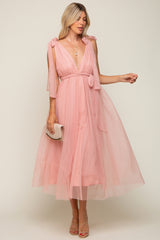 Pink Dotted Tulle Deep V-Neck Shoulder Tie Midi Dress