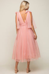 Pink Dotted Tulle Deep V-Neck Shoulder Tie Midi Dress