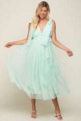 Mint Green Dotted Tulle Deep V-Neck Shoulder Tie Midi Dress