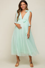 Mint Green Dotted Tulle Deep V-Neck Shoulder Tie Maternity Midi Dress