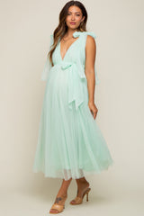 Mint Green Dotted Tulle Deep V-Neck Shoulder Tie Maternity Midi Dress