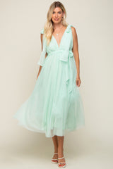 Mint Green Dotted Tulle Deep V-Neck Shoulder Tie Maternity Midi Dress