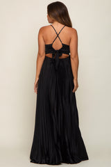 Black Satin Pleated Cutout Maternity Gown