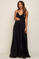 Black Satin Pleated Cutout Maternity Gown