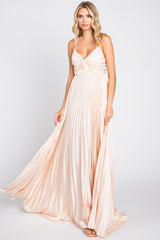 Beige Satin Pleated Cutout Maternity Gown