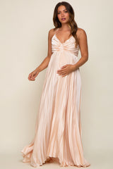 Beige Satin Pleated Cutout Maternity Gown