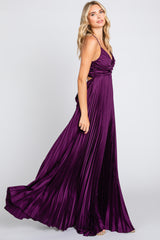 Plum Satin Pleated Cutout Gown