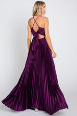 Plum Satin Pleated Cutout Gown