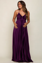 Plum Satin Pleated Cutout Maternity Gown