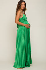 Green Satin Pleated Cutout Maternity Gown