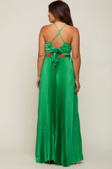 Green Satin Pleated Cutout Maternity Gown