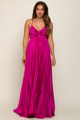 Magenta Satin Pleated Cutout Maternity Gown