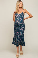 Navy Floral Sleeveless Maternity Midi Dress