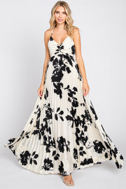 Ivory Floral Satin Pleated Cutout Gown