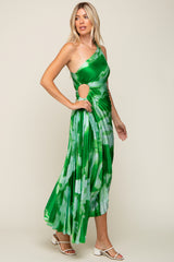 Green Watercolor Satin Pleated One-Shoulder Asymmetrical Midi Dress