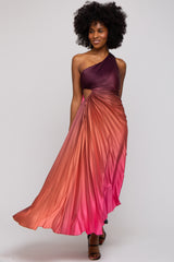 Rust Ombre Pleated Asymmetrical Maxi Dress