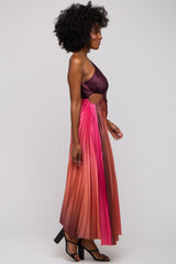 Rust Ombre Pleated Asymmetrical Maxi Dress