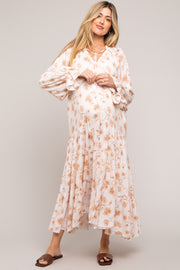 Taupe Floral Ruffle Long Sleeve Tiered Maternity Maxi Dress