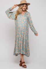 Light Olive Floral Ruffle Long Sleeve Tiered Maternity Maxi Dress