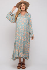 Light Olive Floral Ruffle Long Sleeve Tiered Maternity Maxi Dress